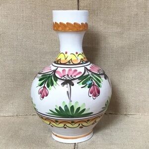 Hand Painted Bulbous Shabby Floral Vase Folk Art Pottery Cottage Core Colorful